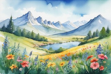 watercolor summer landscape with wildflowers, mountain and rivers