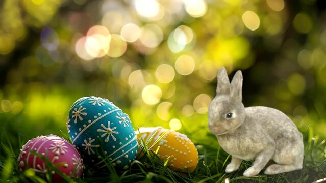 easter bunny and easter eggs on green grass video background looping 4k quality