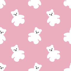 Seamless children's pink pattern with white cute polar little bear toy. Cartoon character. Vector pastel nursery background for textile, fabric, wallpaper, wrapping, newborn apparel.
