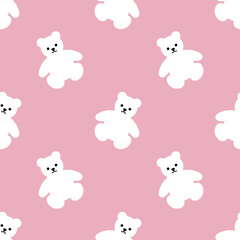 Seamless children's pink pattern with white cute polar little bear toy. Cartoon character. Vector pastel nursery background for textile, fabric, wallpaper, wrapping, newborn apparel.