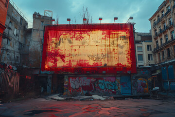 An old building with graffiti on its side, showcasing urban art in a city setting, mockup