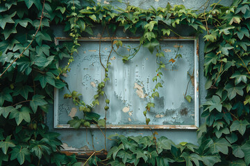 An aged window frame obscured by lush green vines and leaves growing around it, mockup