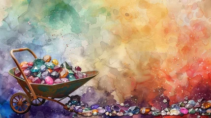 Foto op Aluminium A wheelbarrow overflowing with gems against a watercolor pastel backdrop © Wonderful Studio