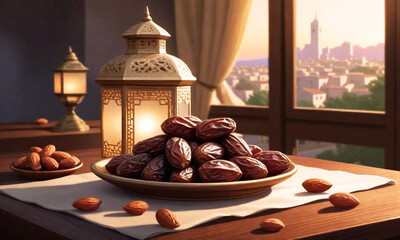 ramadan background plate of dates with scattered almonds on-a table a traditional lantern,generative AI