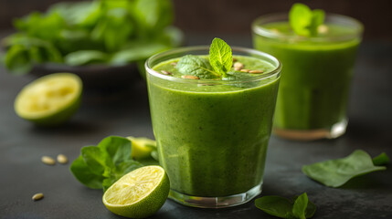Fresh Green Smoothie in Glass Cups