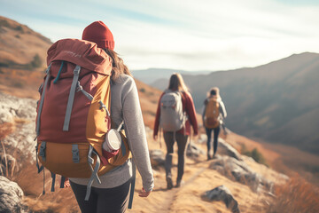 hipster with touristic rucksack walking on mountains path with friend in forward, spending weekend on fresh air for recreation in nature environment - obrazy, fototapety, plakaty