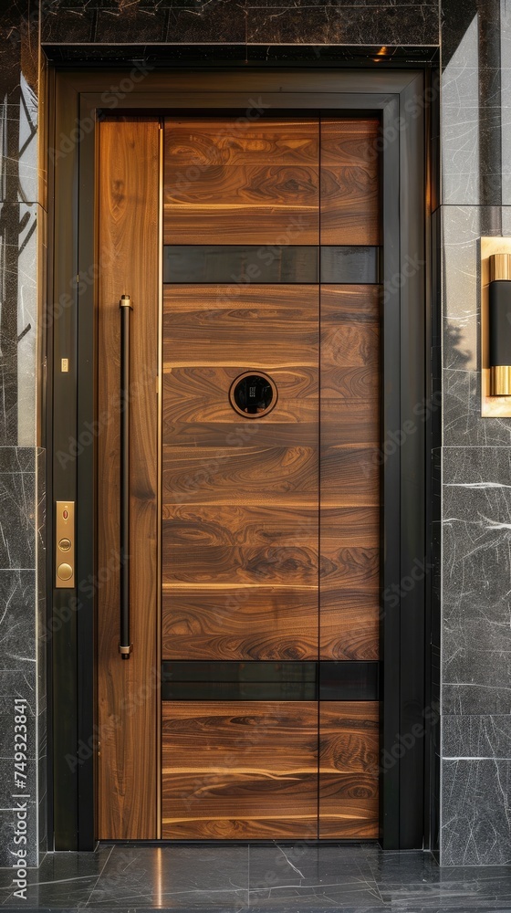 Sticker Premium entrance door with wood effect. Generative AI