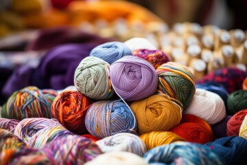 colorful yarn for knitting or crocheting. Crafts and fiber art hobby. Knit and crochet creative class.