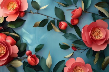 Mockup of red flower and buds. 3D animation style, layered cut out paper. Roses, peonies on a blue background. Presentation, greeting card, space available for text.