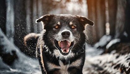 portrait of a black dog, Top Most Aggressive Dog Breeds. Aggressive dog snarling fiercely, sharp...