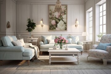 fancy living room interior in luxury shabby chic style with pastel blue color couch or sofa and big windows, predominantly white wooden materials