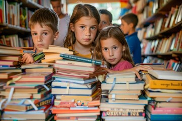 Group of Children Engaged in Exploring and Learning in a Colorful Library with Stacks of Books