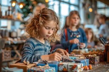 Fototapeta premium Young Girl Focused on Wrapping Presents at a Festive Craft Table During Holiday Season
