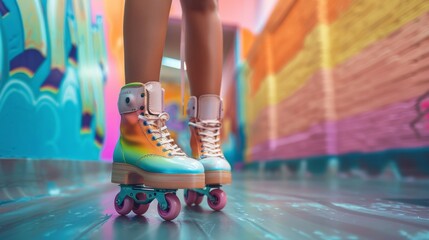 Close up photo of woman's body part. Legs wearing cute sweet with shoelaces four wheeled roller blades isolated tanned bright vivid background, generated with AI - obrazy, fototapety, plakaty