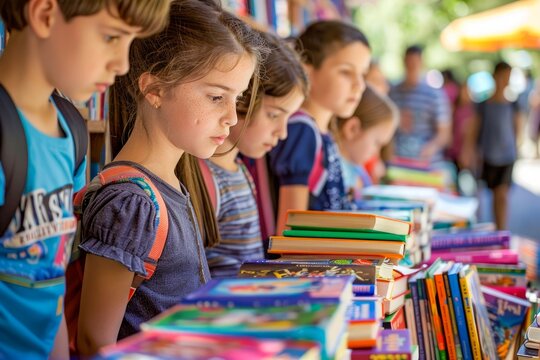 Young Girl Reading at a Colorful Book Fair with Other Children in the Background