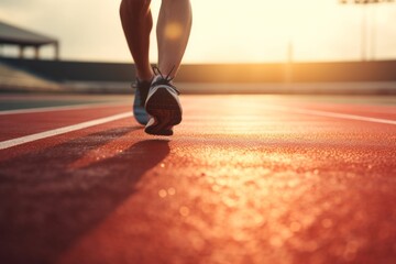 feet of person in running shoes on track on stadium in the morning. Marathon distance run. Sports and hobby. Healthy lifestyle and jogging activity. 