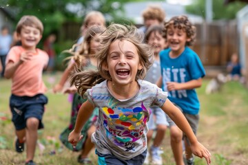 Fototapeta premium Happy Children Running and Laughing in Summer Outdoor Activity - Joyful Childhood Concept