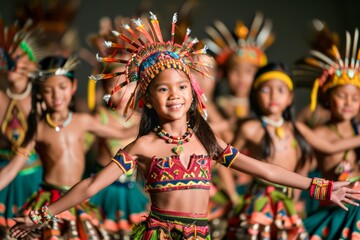 Joyful Children in Colorful Traditional Costumes Performing Folk Dance at Cultural Festival Event