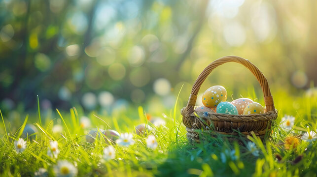 Easter basket filled with colorful eggs and flowers on the green grass with spring garden background, happy easter