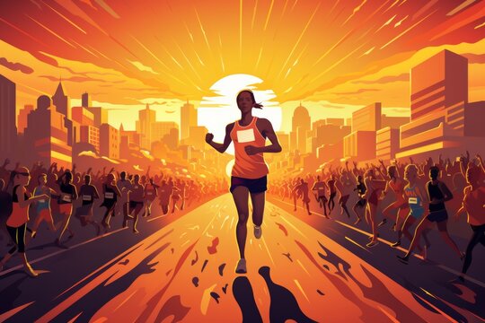 people running marathon colorful illustration ad poster in orange color palette
