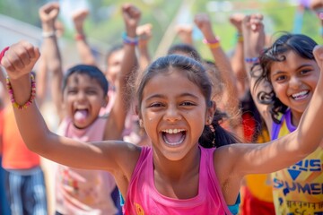 Group of Happy Diverse Children with Raised Hands Celebrating at Summer Camp Outdoor Activity