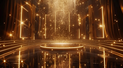 Stage opening golden stage glitter with spotlights and luxury gold light streak. Particle luxury for ceremony background