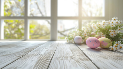 Abstract wooden tabletop with easter eggs and flower, copy space over blurred window interior background, display for product montage