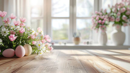Abstract wooden tabletop with easter eggs and flower, copy space over blurred window interior...