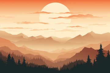 minimal sunrise or sunset in the mountains and trees flat pastel beige peach color illustration. Peach fuzz trendy color.