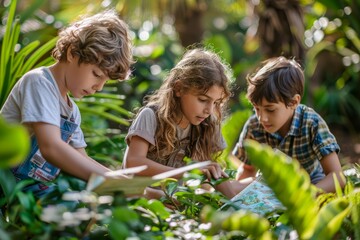 Three Young Children Engaged in Reading and Learning Together Outdoors in a Lush Garden