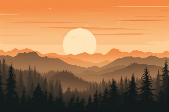minimal sunrise or sunset in the mountains and trees  flat pastel beige peach color illustration. Peach fuzz trendy color.