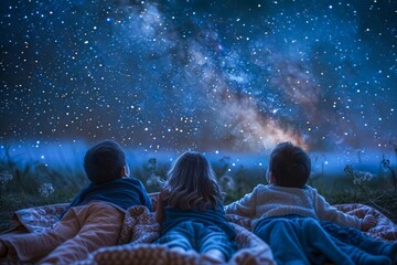 Children Gazing at Starry Sky During Magical Nighttime - Friendship and Dreams Amidst Nature's Beauty