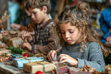 Group of Children Enjoying Arts and Crafts, Making Decorations and Gifts in a Festive Workshop Environment