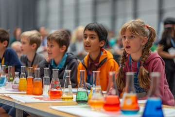 Group of Diverse Schoolchildren in Laboratory with Colorful Chemicals Engaged in Science Experiment