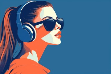 beautiful caucasian woman in sunglasses and headphones flat illustration. Optics eyewear salon or music store poster. Confident woman, retro fashion and style. - obrazy, fototapety, plakaty