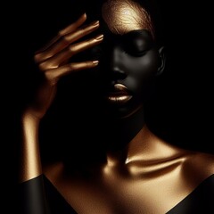 Fashion art portrait of a beautiful woman with golden skin.  