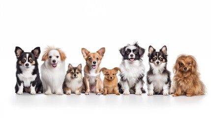 Set of dogs staing in a row on white background. Portrait collection of adorable puppies. Advertising for vet clinic, pet zoo store shop