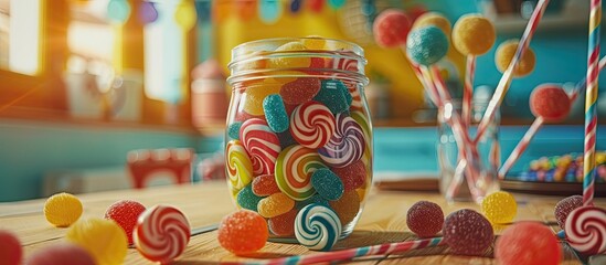 A clear jar sits on a table, overflowing with a variety of bright and colorful lollipops, creating a vibrant and tempting display.
