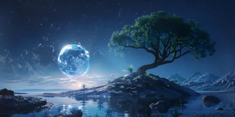 Schapenvacht deken met patroon Volle maan en bomen Moonlit Majesty.A Tree Under the Full Moon