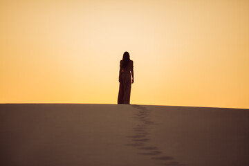 Silhouette of walking romantic fashionable woman model on the desert dunes, dressed in evening pink...