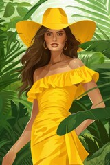 Yellow dressed woman in jungle, yellow hat, generated with AI