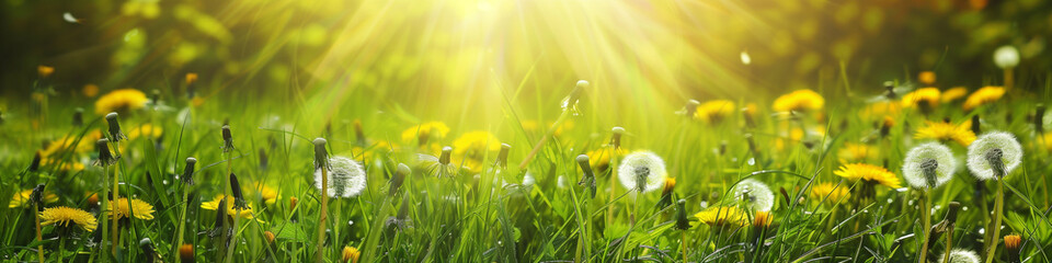 Lush meadow with dandelions and sunlight