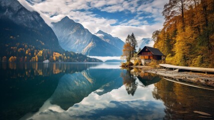 Spectacular Scenic landscape. High Mountains with clouds are reflected on a clear Lake. The House By The Lake In Autumn.