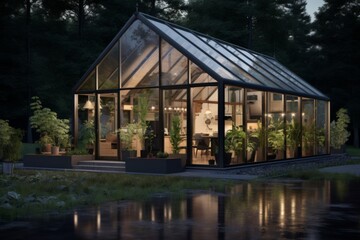 modern greenhouse design at night view from outside with lights on and glass walls