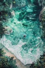 A painting of swimming in the ocean, style mysterious jungle, botanical watercolors, tactile landscapes, birds-eye-view, generated with AI