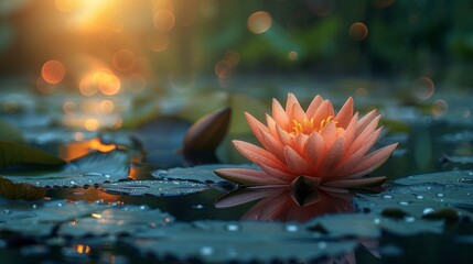 Panoramic of blooming Lotus flower on Green blurred background, generated with AI