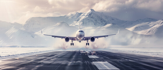 Commercial airplane landing on a snow-covered runway with mountains in the backdrop.