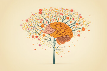 Human brain tree with flowers mental health illustration, self care concept, positive thinking, creative mind, free spirit, good vibes, freedom, Independence, well being, human health