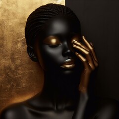 Female model with black skin and gold makeup 