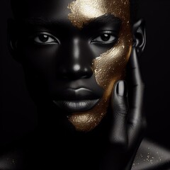 Portrait of a beautiful man with golden make-up on black background 